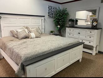 Farmhouse White and Dark Wood Bedroom Set
