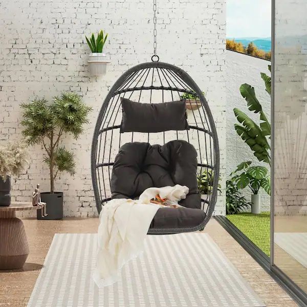 Outdoor Rattan Hanging Egg Chair / Swing Chair w/ Metal Frame (NO STAND) & Gray Cushions. [NEW IN BOX] **Retails for $205