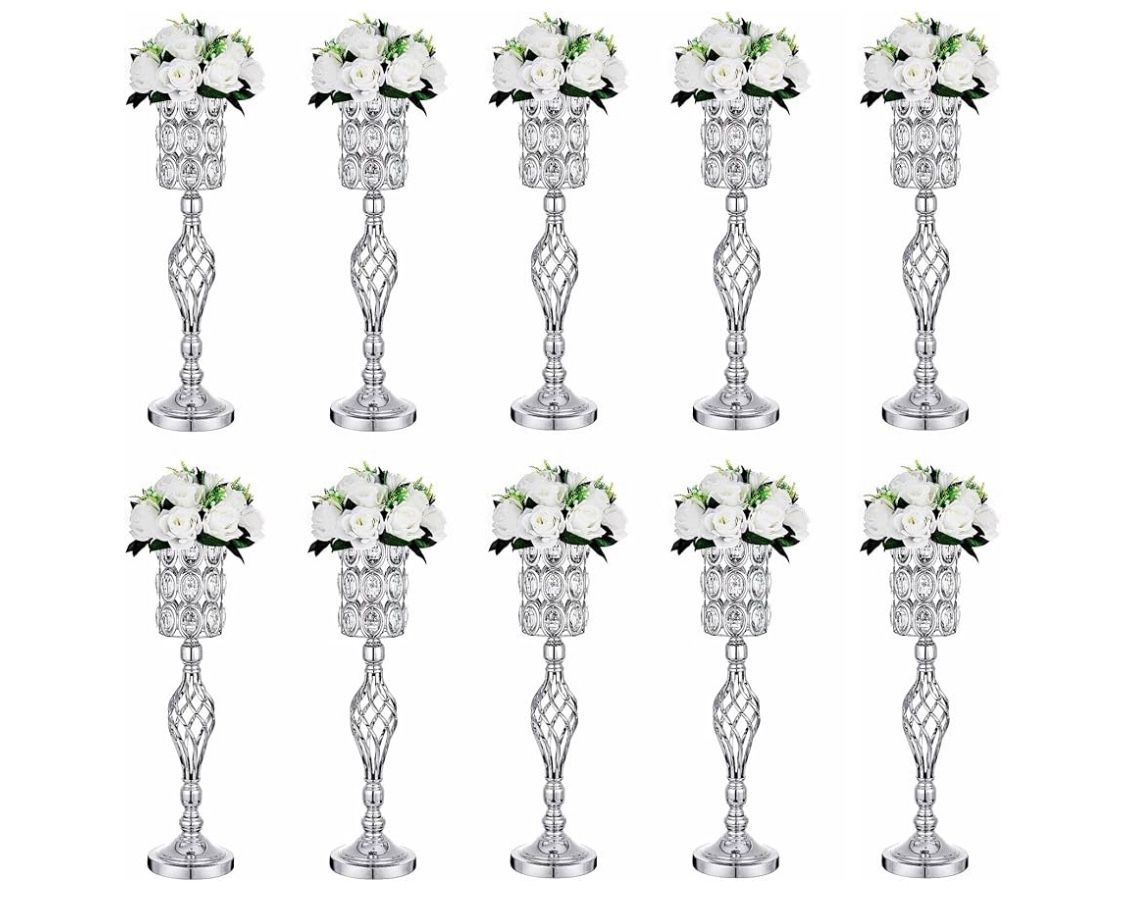 Set of 10 Crystal Diamond Metal Vases for Wedding Tables, 24 Inches, Versatile Tall Flower Stands, Flower Holders for Weddings, Parties, Receptions, H