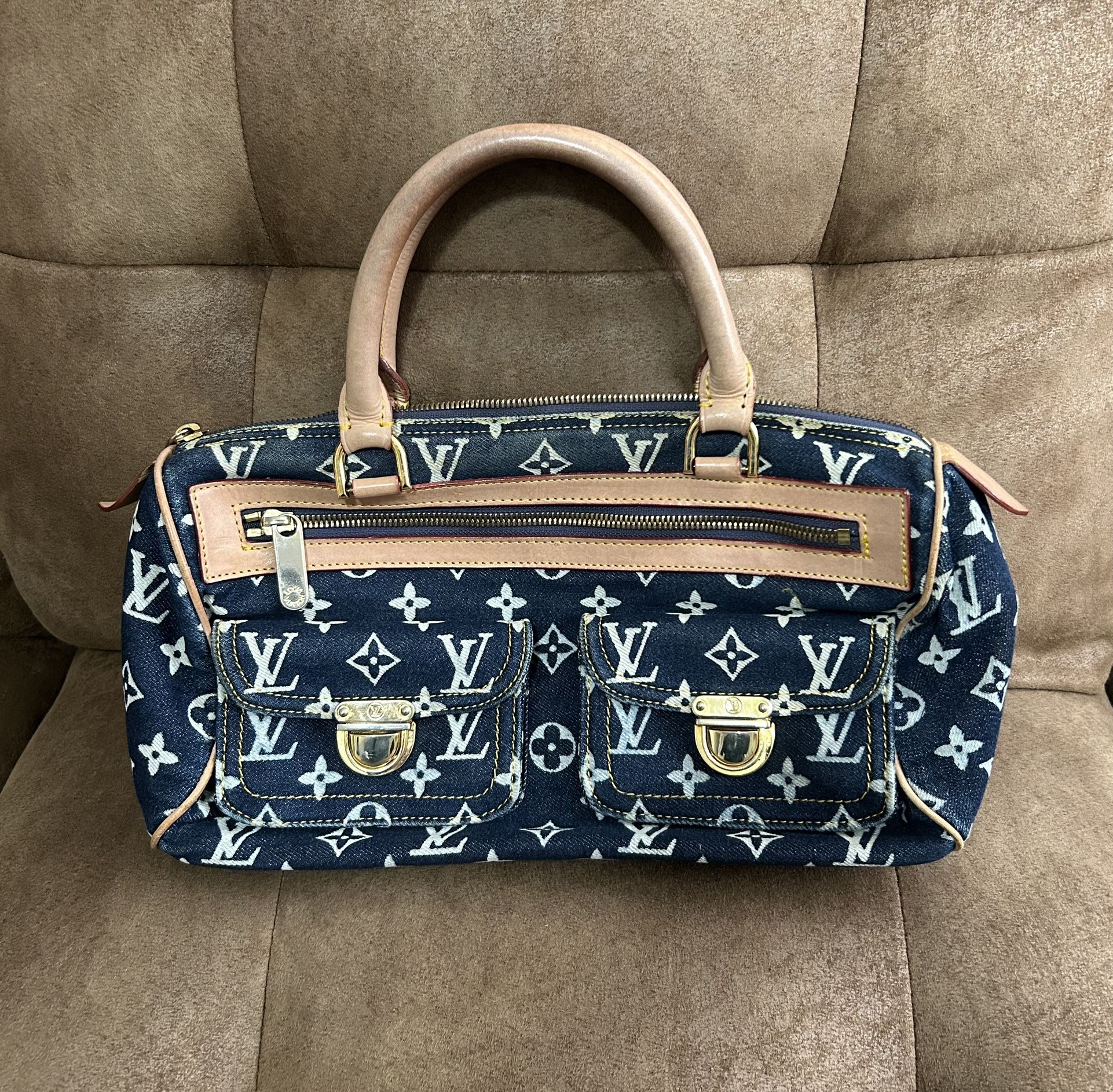 LV Logo Printed, Dark Blue Denim, Bowling Style Bag