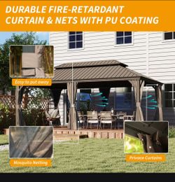 14' X 20' Hardtop Gazebo, Upgraded Metal Gazebo with Drainage System, Dual-Layer Galvanized Steel Roof, Curtain and Netting, Outdoor Shelter Canopy fo