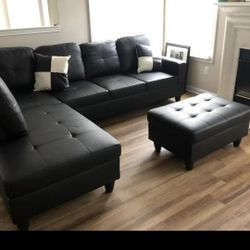 New Black Leather Sectional And Ottoman 