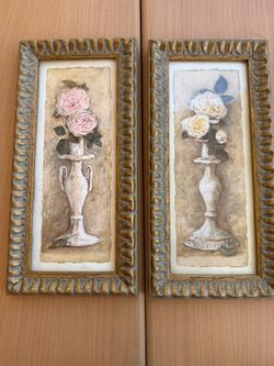 Vintage Rose Floral Art Prints in Ornate Gold Frames - Set of 2 (5.5” x 11”)