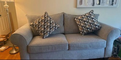 Gray Fabric Two-Seat Sofa with Throw Pillows