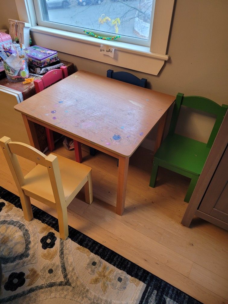 Kid Table with Four Multi-Colored Chairs
