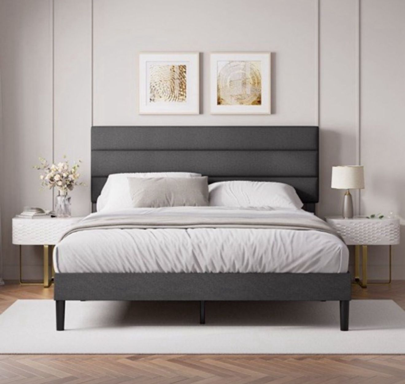 ZINUS Full Piper Upholstered Platform Bed with Horizontal Paneled Headboard, Wooden Slat Support, No Box Spring Needed, Easy Assembly, Eco Friendly Pa
