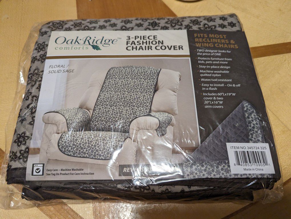 Brand New! Oak Ridge Comforts - 3 Piece Fashion Chair Cover In Reversible Floral / Solid Sage