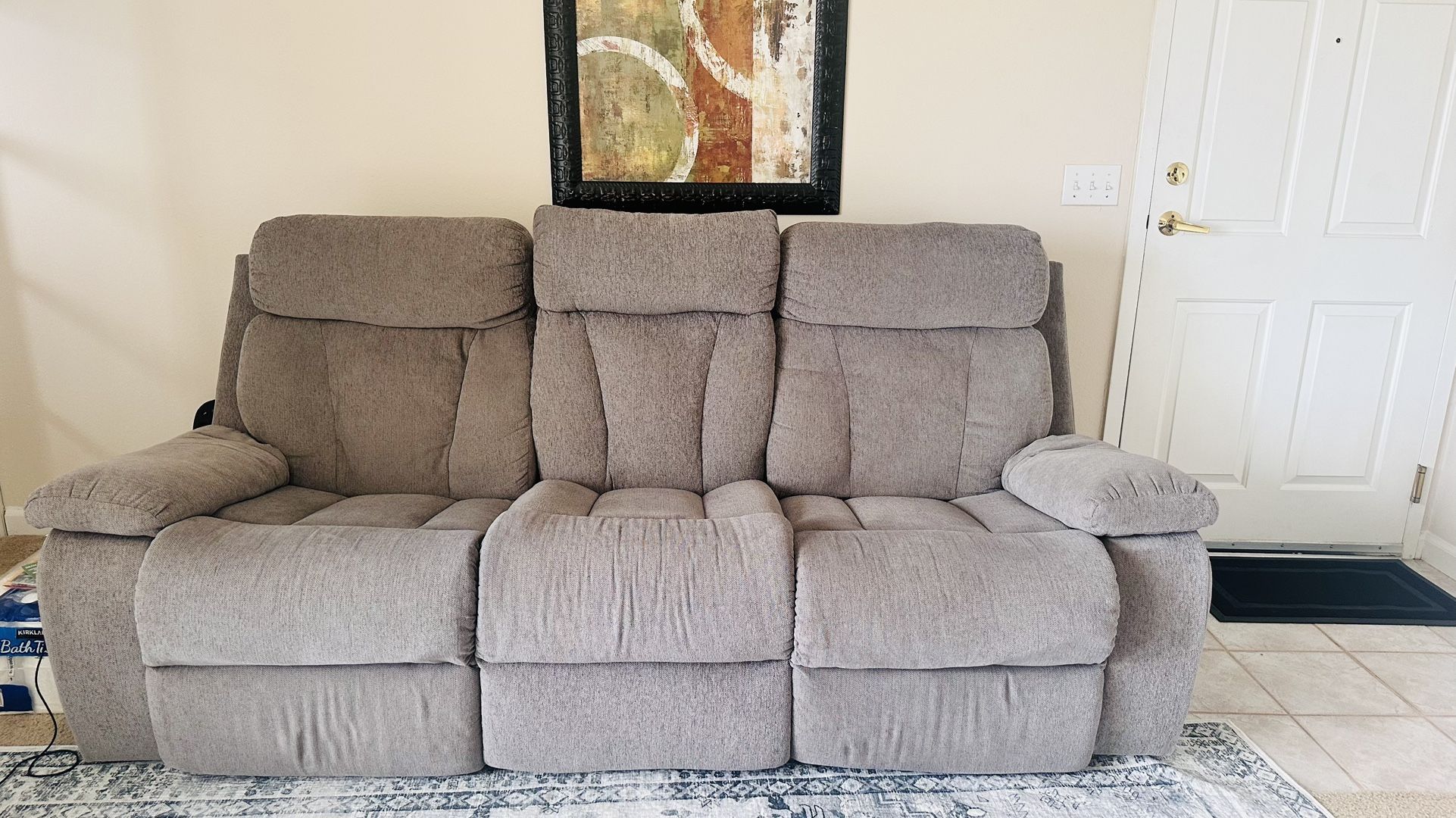 Bowery Hill Contemporary Fabric Gray Reclining Sofa with Drop Down Table