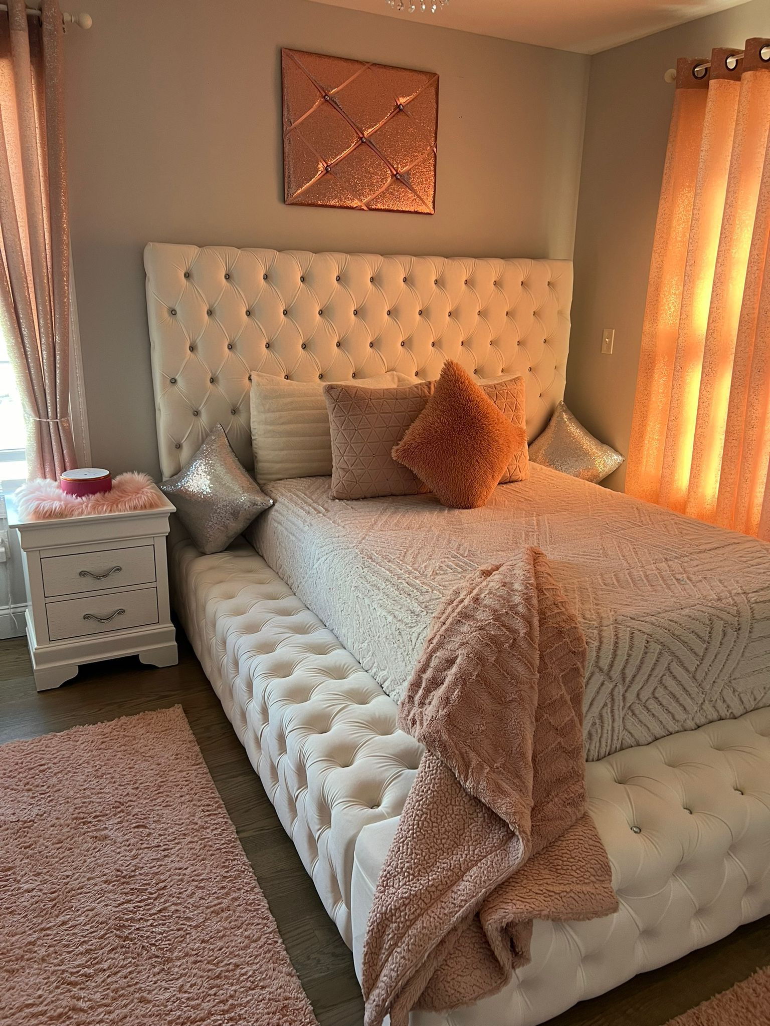 Cream White Velvet Bed, Dresser With Mirror, Long Dresser And Nightstand