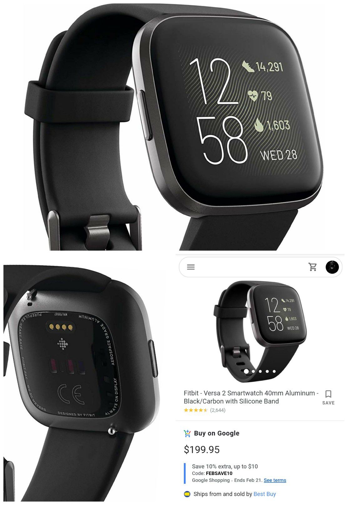 Fitbit Versa 2 Health & Fitness Smartwatch with Heart Rate, Music, Alexa Built-in, Sleep & Swim Tracking, Black/Carbon