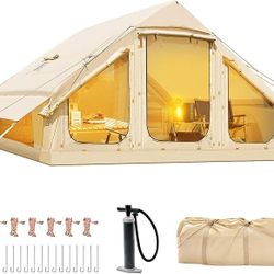 Camping tent with hand pump inflatable tent, easy to pitch waterproof outdoor deluxe cabin tent with mesh windows and door, 4-6 person room