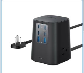 Anker Desktop Charger, 9-in-1 Power Strip with 300J Surge Protector, 5ft Flat Plug Extension Cord with Multiple Devices, 100W USB C Charger with 3 AC,