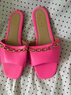 Hot Pink Flat Slide Sandals with Gold Chain