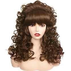 FantaLook 80s Era Brown Long Curly Wig W/Bangs For Women Cosplay/Costume Party