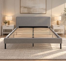 Gray Upholstered Bed Frame with Slatted Base. Queen Size