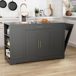 53" Kitchen Island with Storage, Kitchen Cart W/Tilt Out Trash Can Holder & Solid Wood Top, Breakfast Bar W/3-Layer Side Shelf, Large Storage Cabinet 