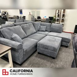 Modern Dark Gray 3-Piece Sectional Sofa with Storage Ottoman & USB Port