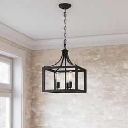 3-Light Distressed Black Farmhouse Square Pendant Chandelier for Kitchens
