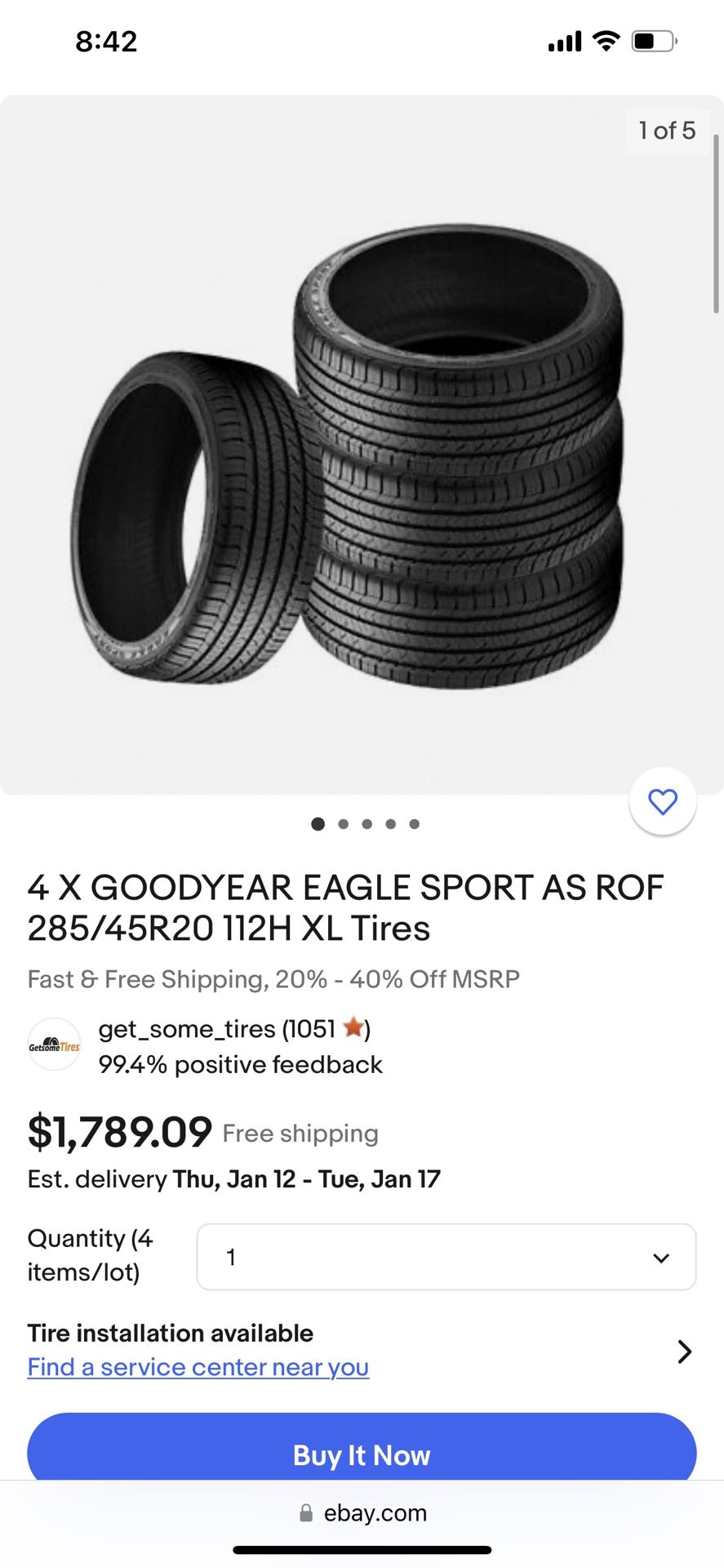 285/45R20 Goodyear Eagle Sport A/S Run Flat Tire for Sale in Seaford