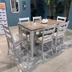 DINING ROOM SET-7 PCS -COUNTER HEIGHT, WHITEWASH - [NEW]