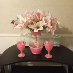  Pink Flower Arrangement Vase With 2 Glass Wine Goblets  With Columed Stems.