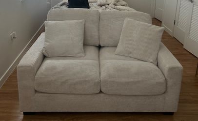 Beige Corduroy Loveseat with Throw Pillows