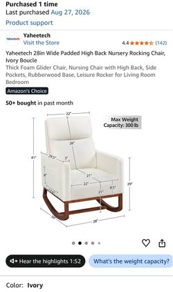 Yaheetech 28in Wide Padded High Back Nursery Rocking Chair, Ivory Boucle