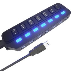 USB Hub 3.0 Splitter,7 Port USB Data Hub with Individual On/Off Switches and Lights for Laptop, PC, Computer, Mobile HDD, Flash Drive and More
