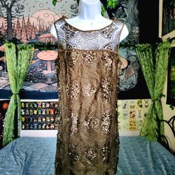 Tan Brown Sequin Geometric Sheer Lace Design Sleeveless Dress Small