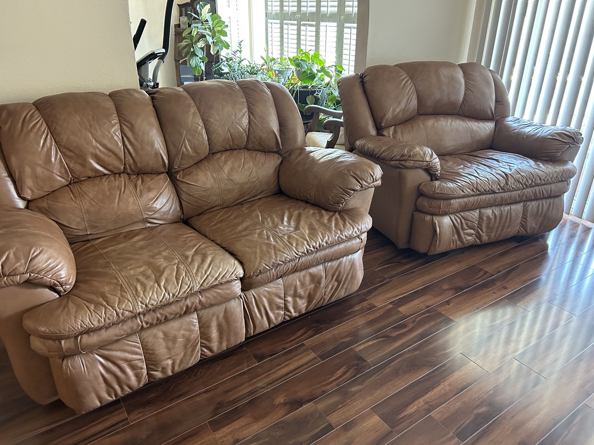 Carmel Brown Leather Love Seat Sofa and Oversized Recliner Chair