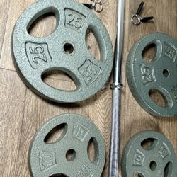 NEW CONDITION: 6 ft Steel Standard Barbell With CAP Weight Plates: 25s, 10s, 5s & 3s ( Total: 106 lbs)