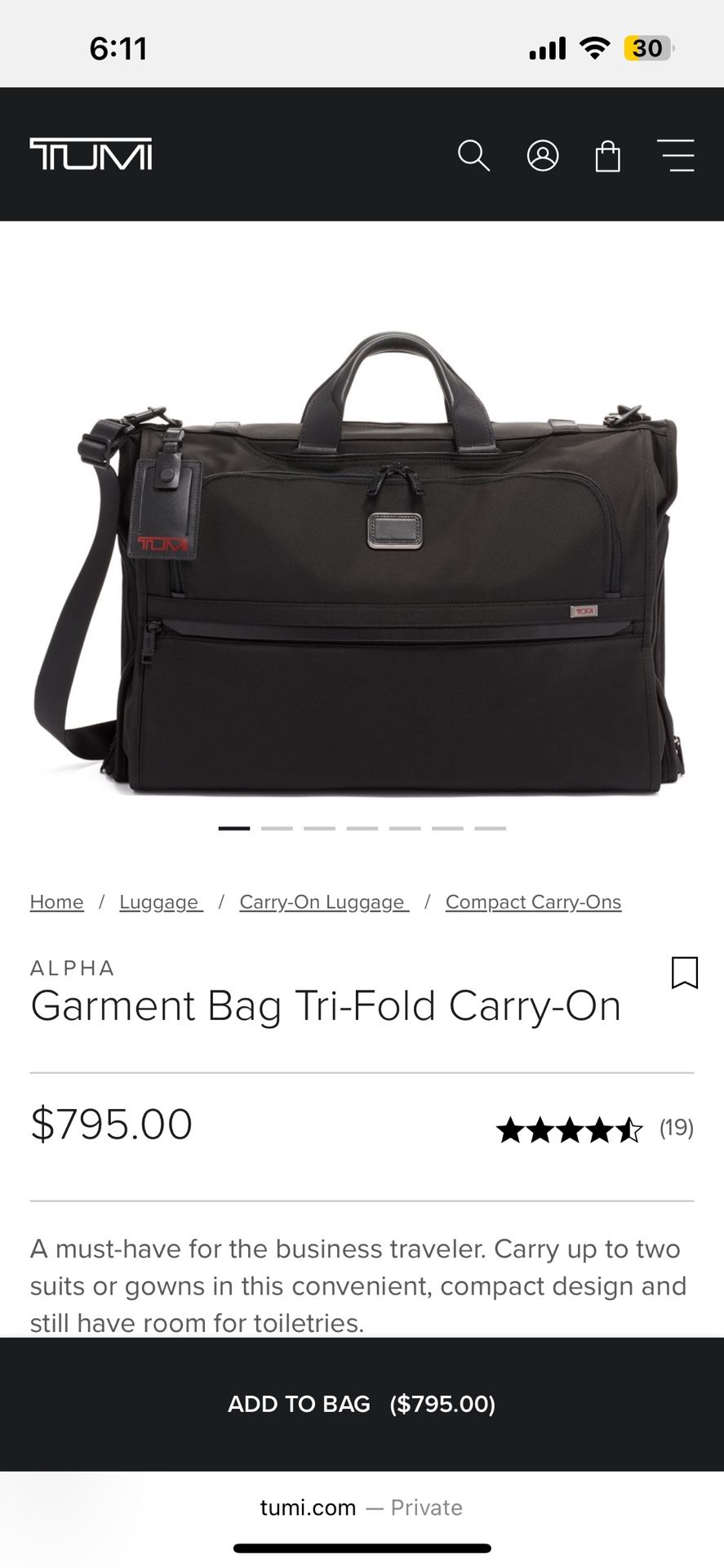 TUMI Garmet Bag Tri Fold Carry On