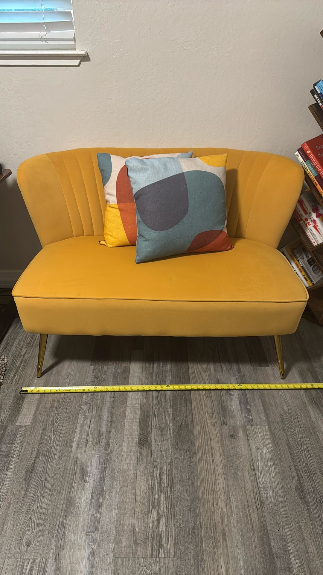 Yellow Suede Loveseat Couch With Pillows 