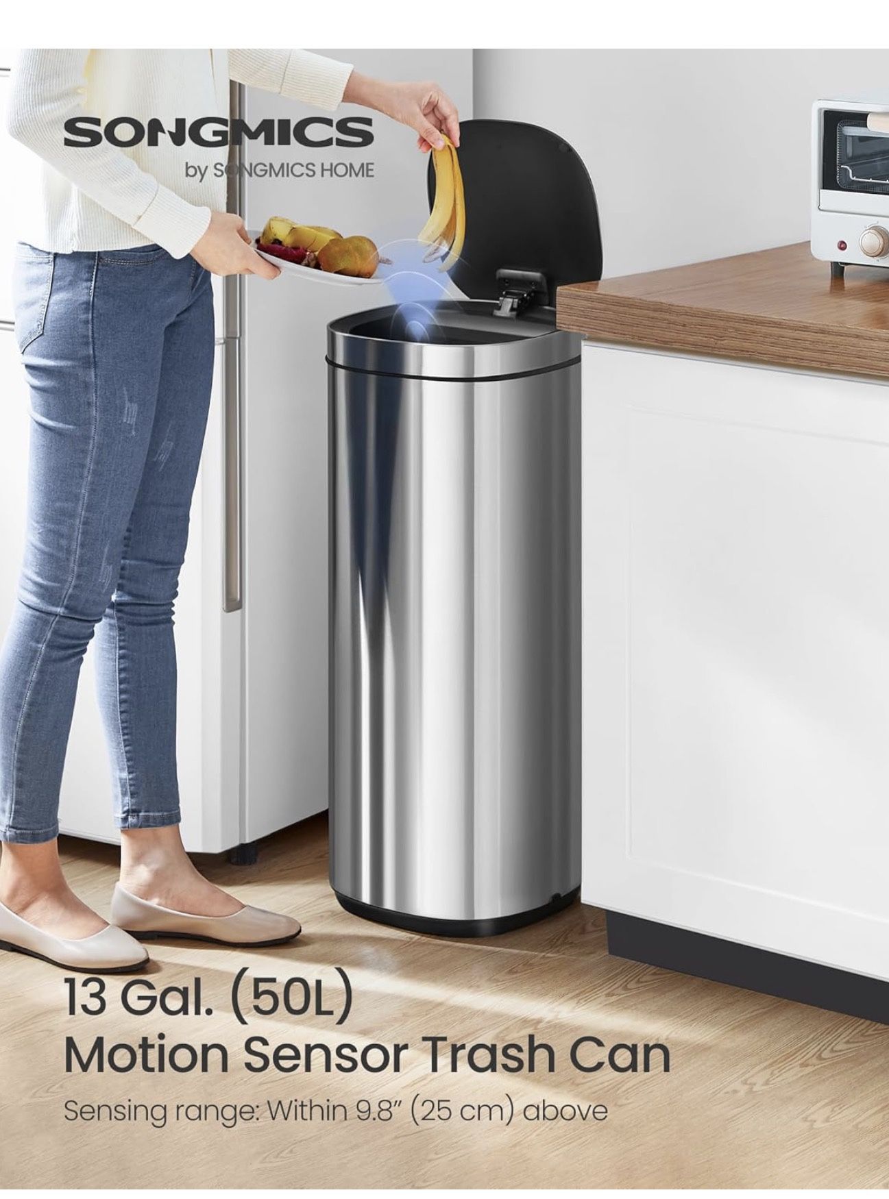 Kitchen Trash Can, 13-Gallon (50 L) Motion Sensor Garbage Can, Stainless Steel Trash Bin, Ozone Odor Control, Stay-Open, Metallic Silver ULTB620E50