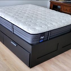 Queen Ikea Brimnes Storage Bed Frame w/ 4 Drawers and Sealy Posturepedic Mattress