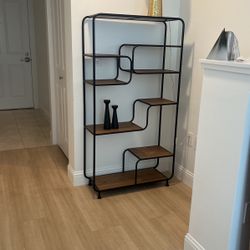 Modern Black Metal Shelf Unit with Walnut-look Shelves