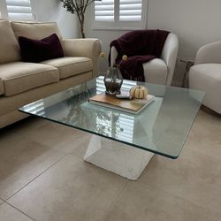Contemporary Coffee Table - Glasstop with Geometric Cement Base