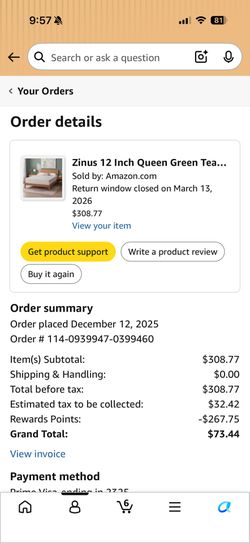 NEW Zinus Mattress. 12” Memory Foam From Amazon
