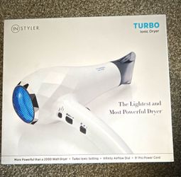 InStyler Turbo Ionic Hair Dryer Cool Shot 2 Heat White/Blue w/Concentrator