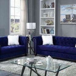 NEW 3 PCS BLUE VELVET LIVING ROOM SET ! SOFA, LOVESEAT AND CHAIR ! MINAS HOME FURNITURE 
