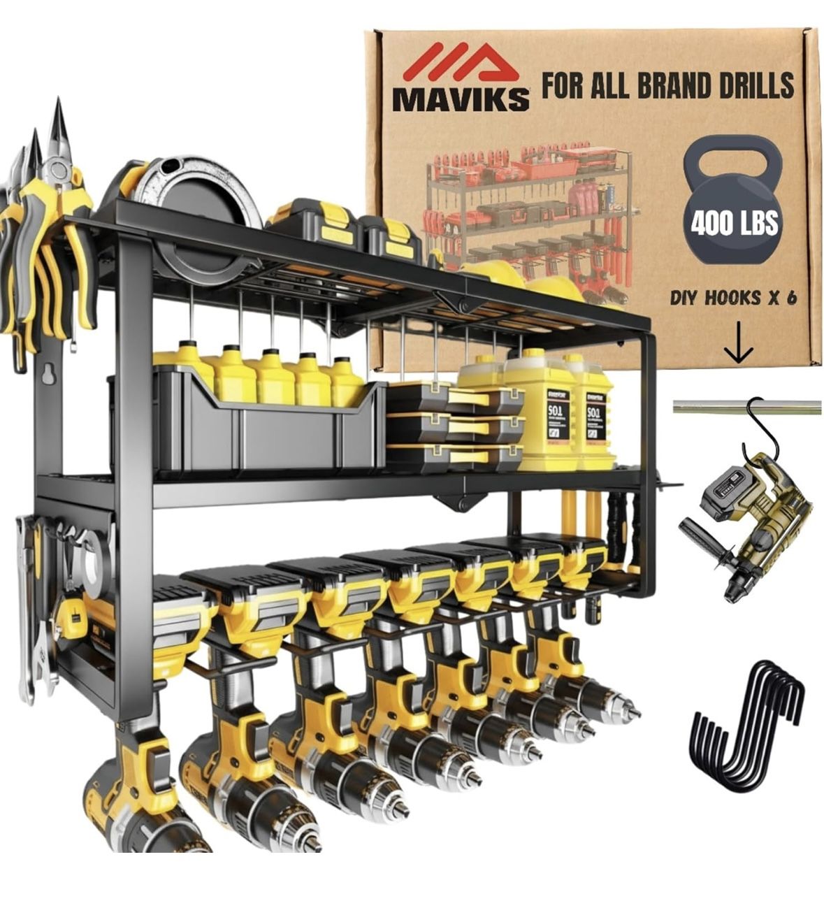 3 Shelf 7 Drill Holder Power Tool Organizer Wall Mount, Tool Storage Rack for Garage, Pegboard, Workshop walls | Compatible for all type of Cordless P