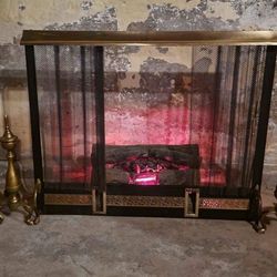 Vintage Victorian Brass Fireplace Frame/w Andirons &Electric Glow Logs