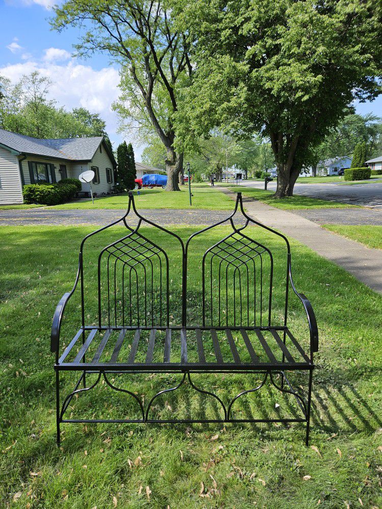 Antique Heavy  Wrought Iron Patio Bench From The Turn Of The Century With Taller Backrest 