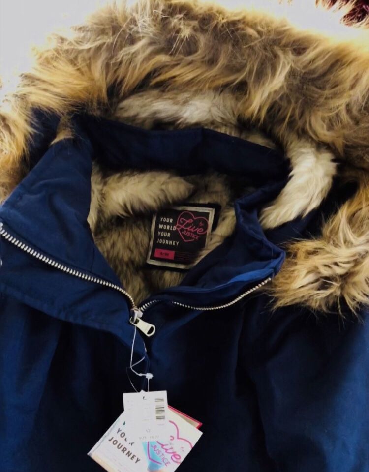 Super cute the Parka Jacket. Size 18/20 in girls, (like a medium, size 8) in woman’s, super cute!! Made with great material, navy blue, compared to ot