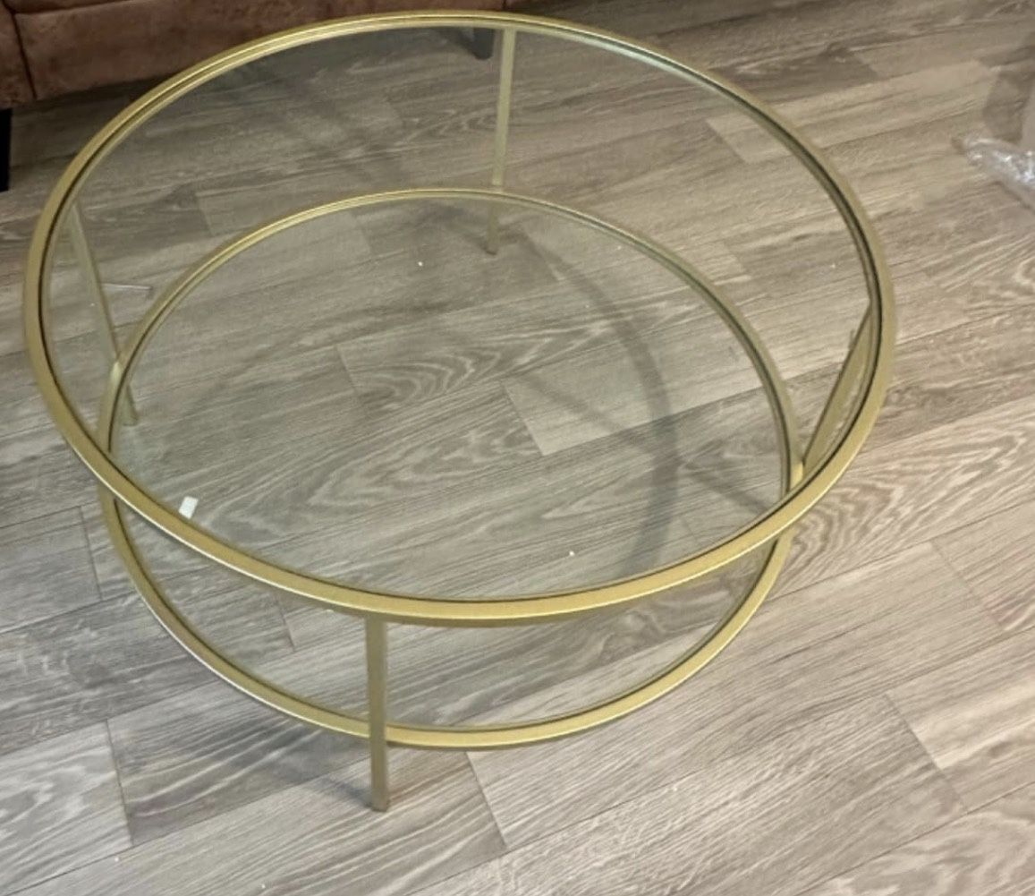 Henn & Hart 36” Round Glass Coffee Table – Brass Frame, Modern & Chic!