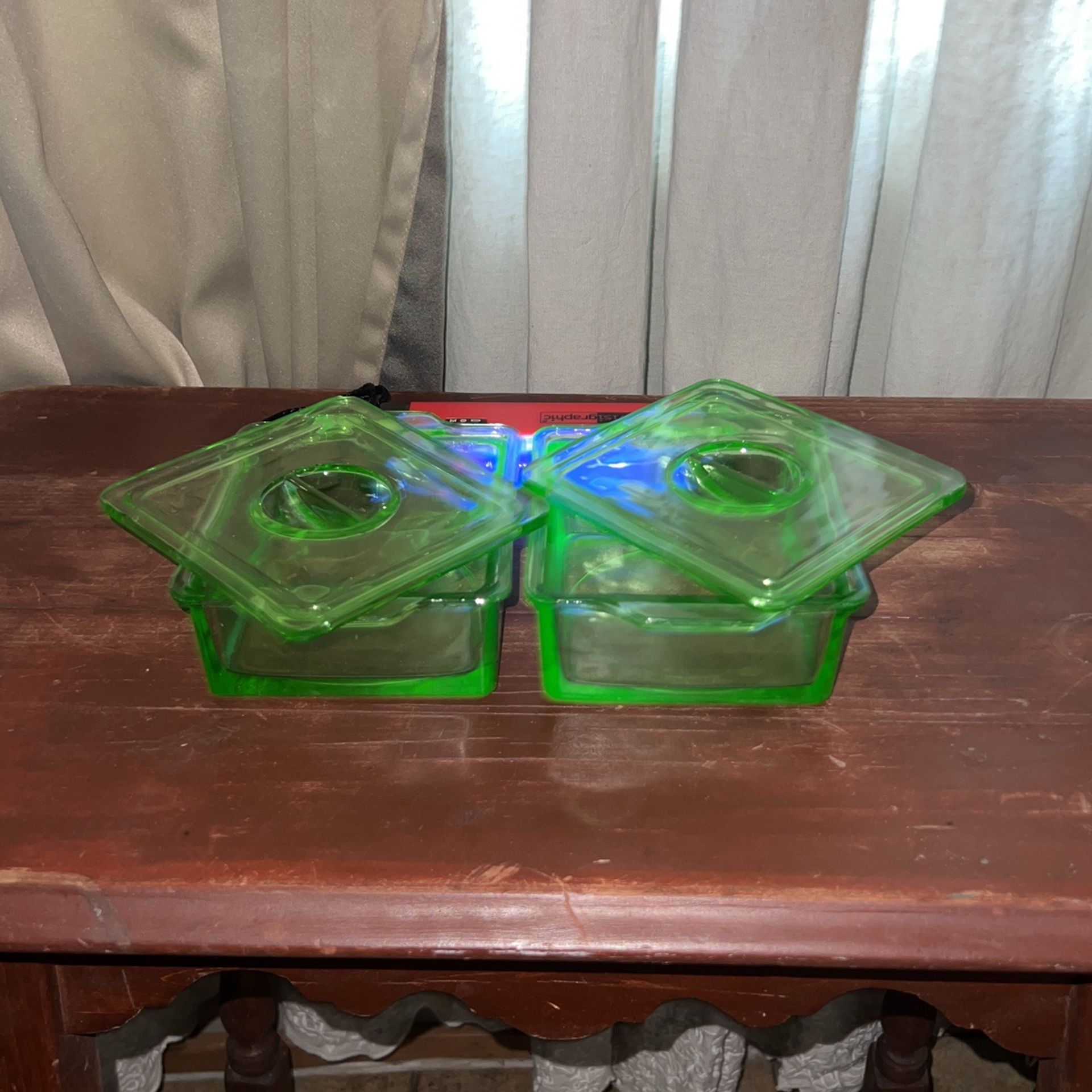 2 Vintage Hazel Atlas vaseline uranimun Green Glass Square refridge Dishes With Lids