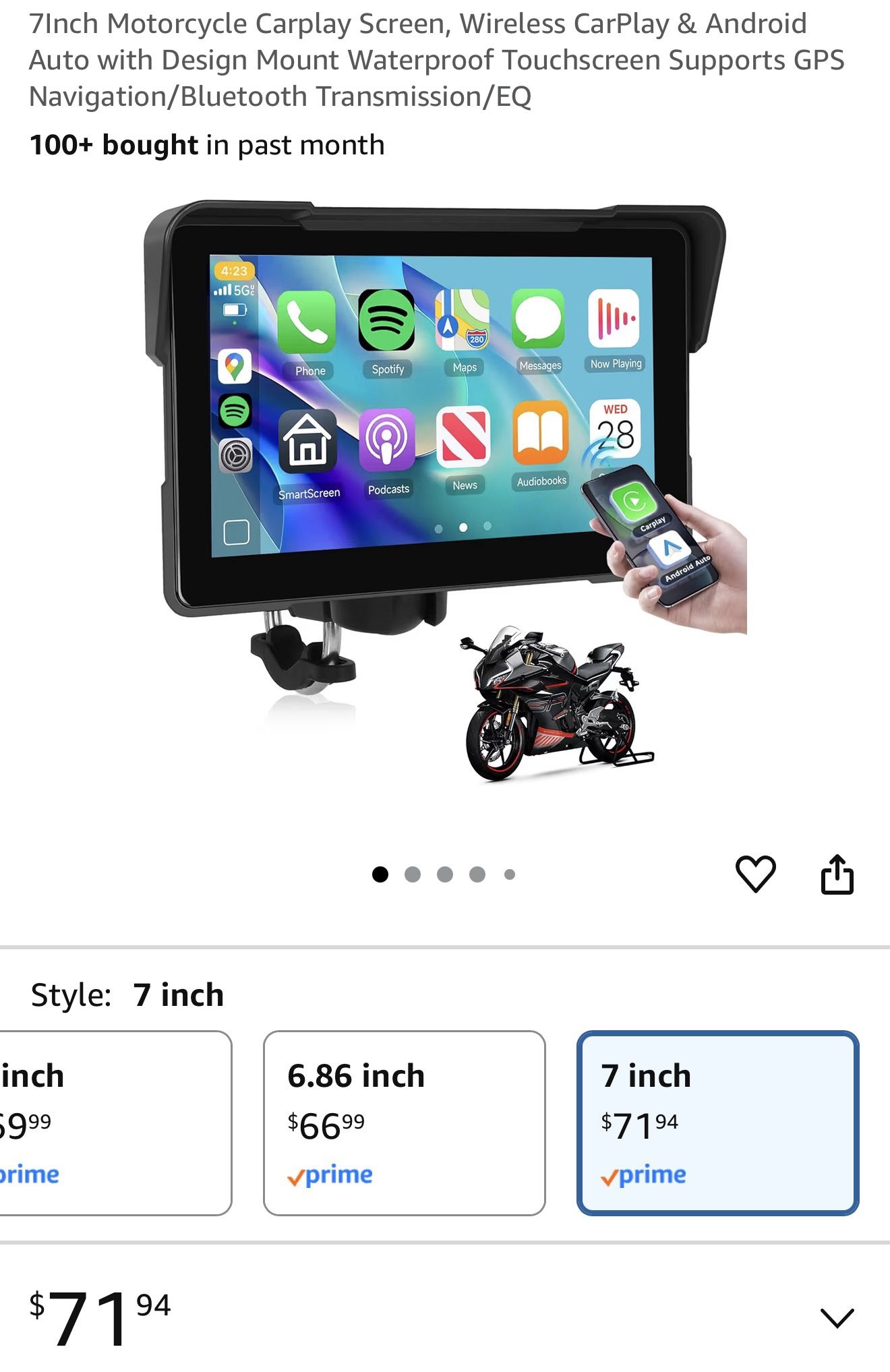 7Inch Motorcycle Carplay Screen, Wireless CarPlay & Android Auto with Design Mount Waterproof Touchscreen Supports GPS Navigation/Bluetooth Transmissi