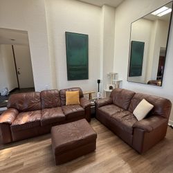 Brown Leather Couch 3-Piece Set—Couch, Loveseat, & Ottoman
