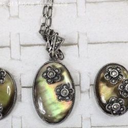 Sterling Silver Cable Chain Abalone & Marcasite Jewelry Pendant Earrings Set. Very Nice 