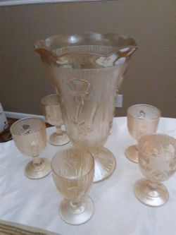 Vintage carnival depression amber glass with six small shot glasses